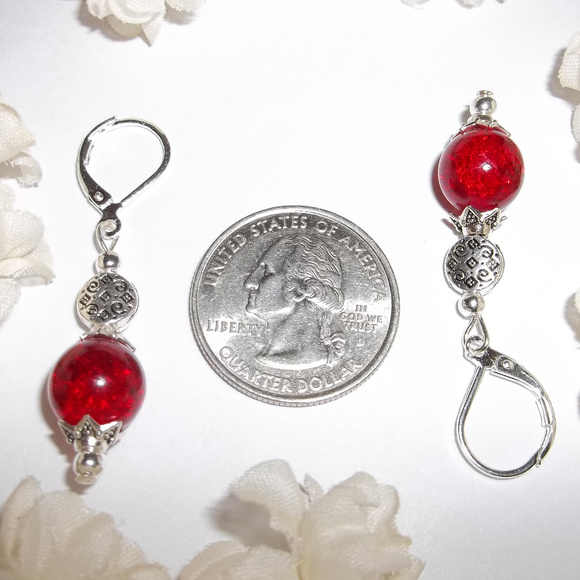 Ruby Red Crackled Glass Earring Silver Dangle Drop Earring Earring Earrings 4773 - Picture 3 of 8